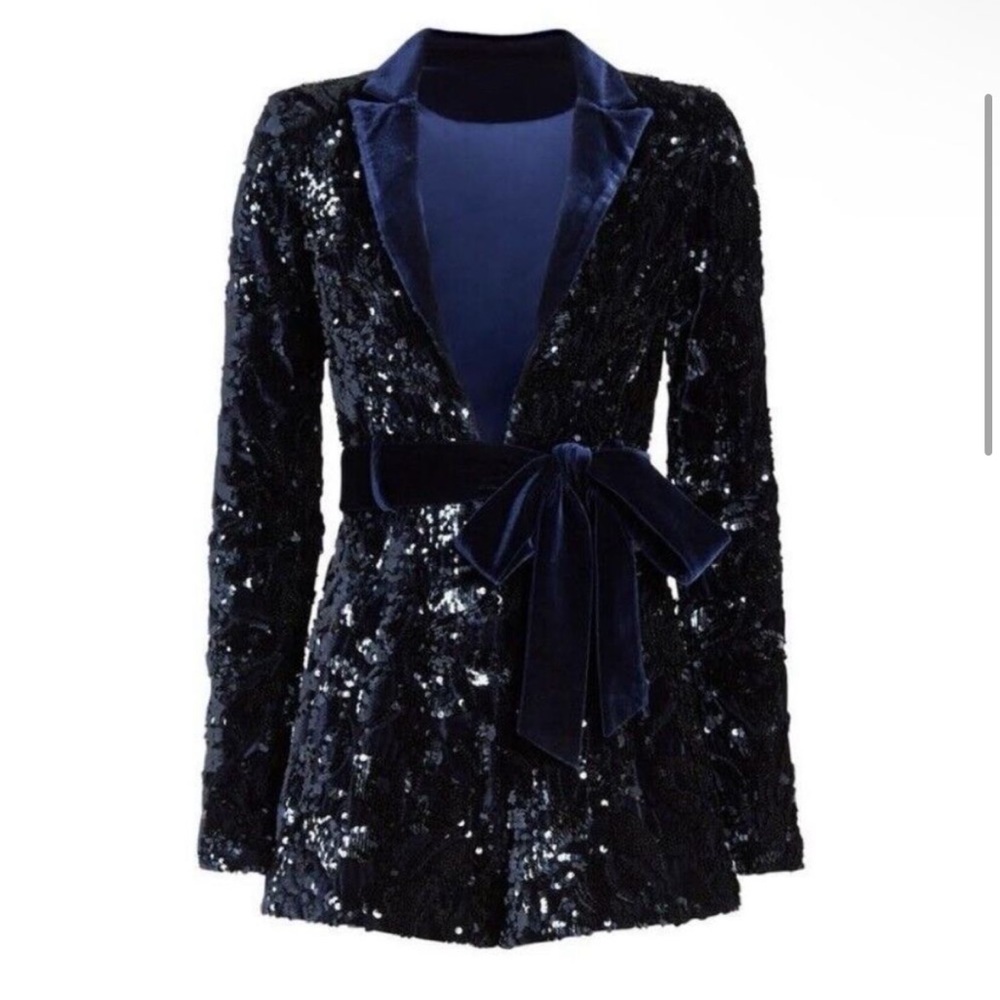 Alexis Pamina Sequin Belted Long Sleeve Romper in Navy Blue Size Small